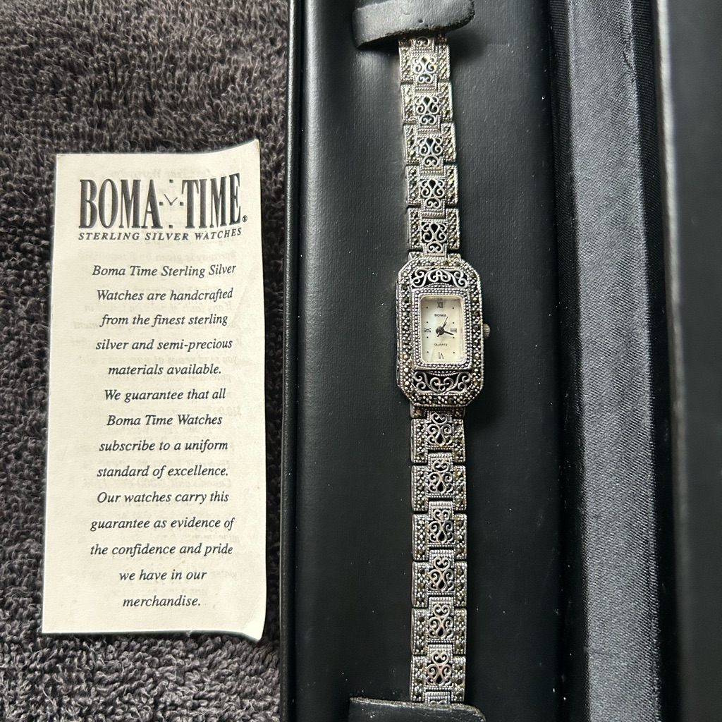 Vtg Boma 925 Solid Sterling Marcasite Mother Of Pearl Face Watch 7 100$